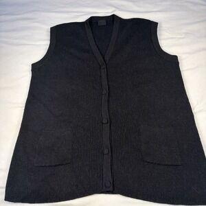INCA Alpaca Knit Longline Button Front Vest Black Pockets V-Neck Sleeveless